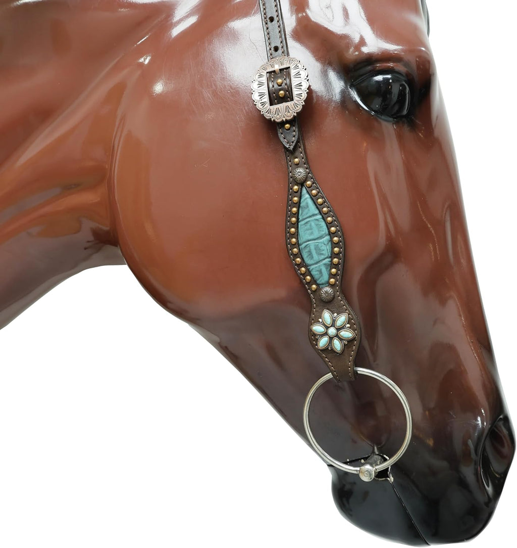 Western Leather Headstall and Breast Collar Tack Set – Turquoise Flower Conchos, Copper Ring & Alligator Inlay with Copper Studs – Genuine Argentina Cowhide
