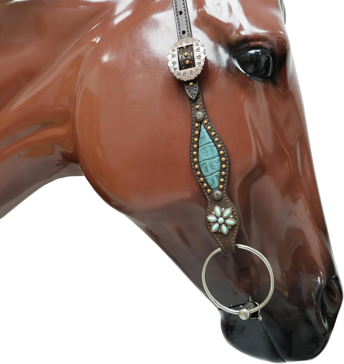 Western Leather Headstall and Breast Collar Tack Set – Turquoise Flower Conchos, Copper Ring & Alligator Inlay with Copper Studs – Genuine Argentina Cowhide