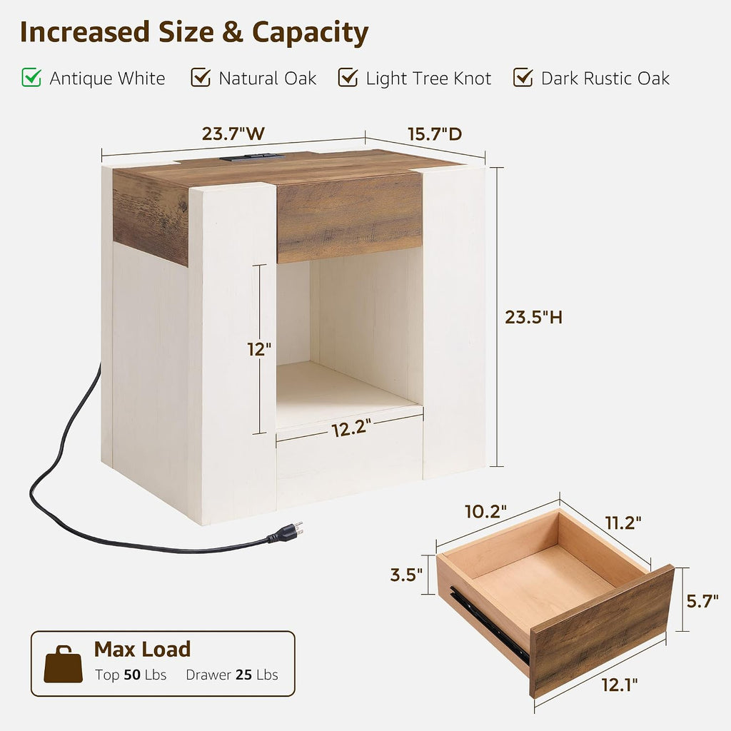 OKD Modern Nightstand with Charging Station, 24' Large Bedside Table, Rustic End Table with Drawers & Open Shelf for Bedroom/Living Room, Night Stand Wood Thick Design,Antique White