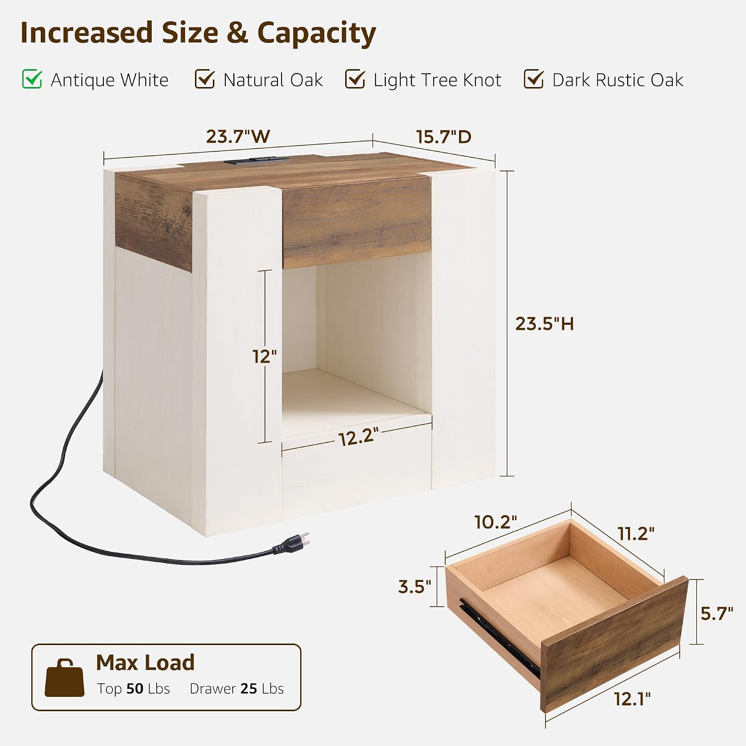 OKD 24'' Modern Nightstands Set of 2, Large Wooden End Table with Charging Station & Drawer & Storage Shelf, Rustic Square Bedside Table for Bedroom, Living Room, Wood Thick Design,Antique White