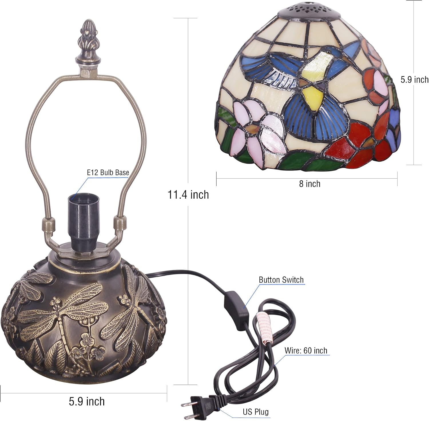 Small Tiffany Lamp Mini Stained Glass Table Lamp Hummingbird Style Mushroom Desk Light Memory Sympathy Lamp 8X11 Inch