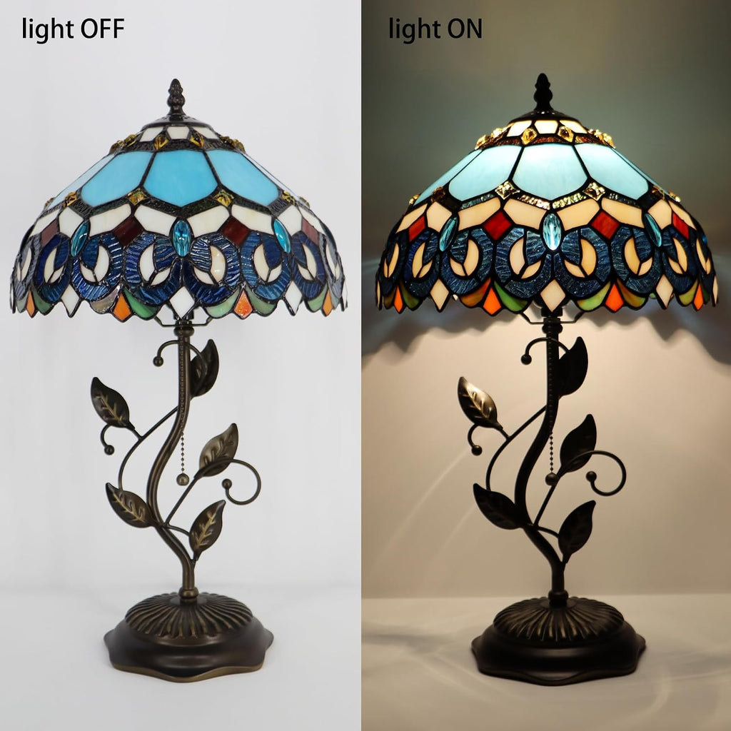 Tiffany Table Lamp, Stained Glass Desk Light, W12H19 Inch, Metal Leaf Base (Sapphire Style)