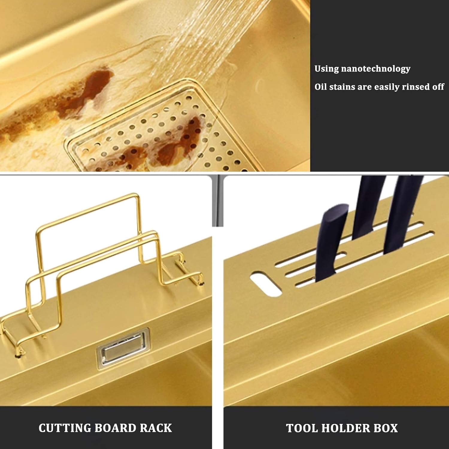 Golden Kitchen Sink Double Bowl Sink 304 Stainless Steel Sink Large Capacity Sink Gold Faucet Complete Accessories (78x46x24cm