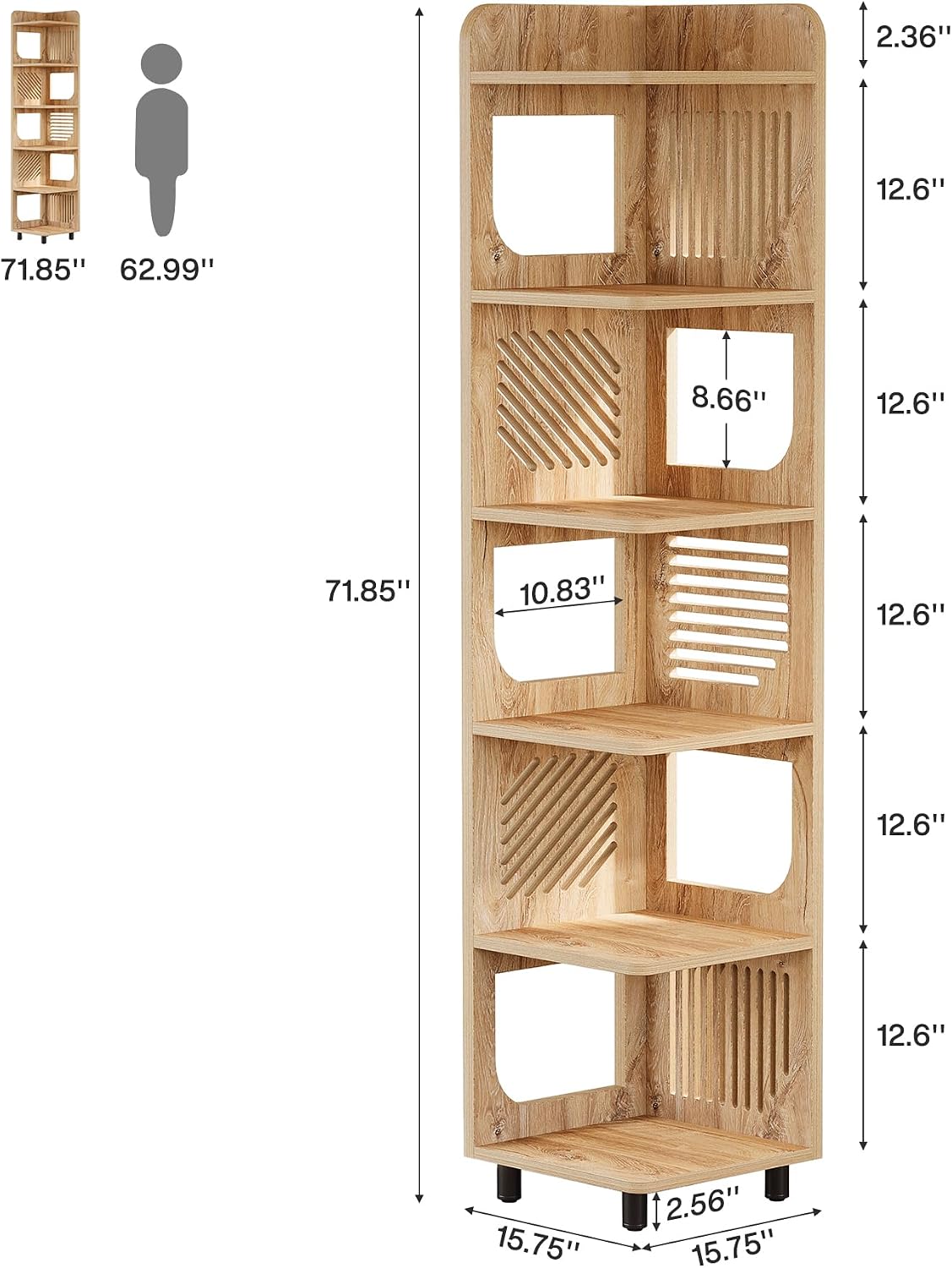 Tribesigns 6 Tiers Corner Shelf, Tall Skinny Corner Bookshelf Bookcase with Hollow Design, Farmhouse Narrow Display Shelf for Living Room, Bedroom, Small Space, Natural