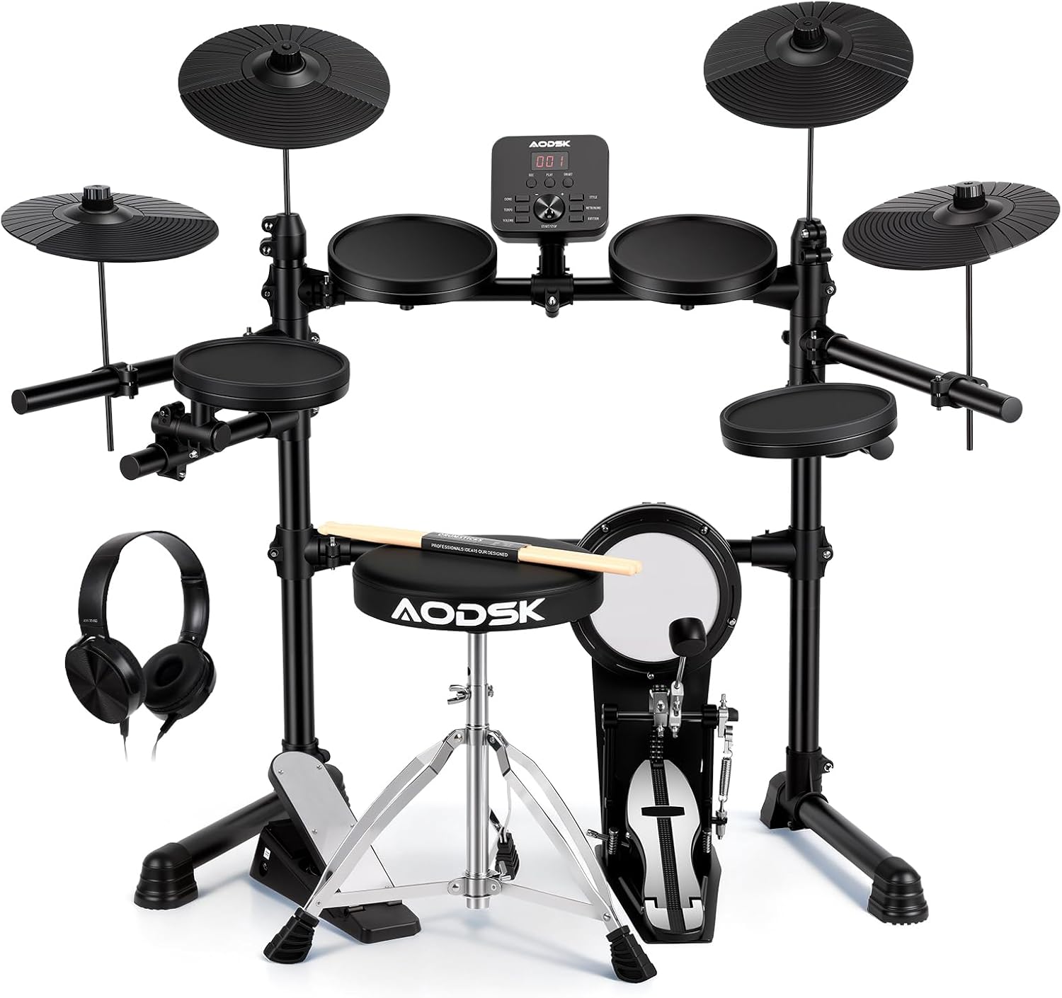 AODSK Electric Drum Set for Beginners with 241 Sounds,4 Quiet Drum Pads,2 Pedal,Throne,Sticks,Electronic Drum with Headphone,AED-400pro