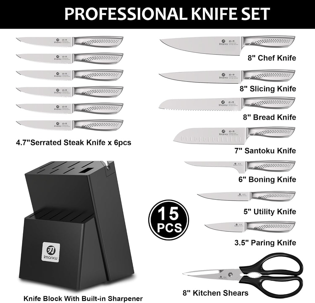 imarku® Kitchen Knife Set, 15 Pcs Japanese Knife Set with Block, Premium Razor-Sharp Chef Knives Set for Kitchen with Sharpener, Rust-Proof, Ergonomic Full-Tang Handle, Black