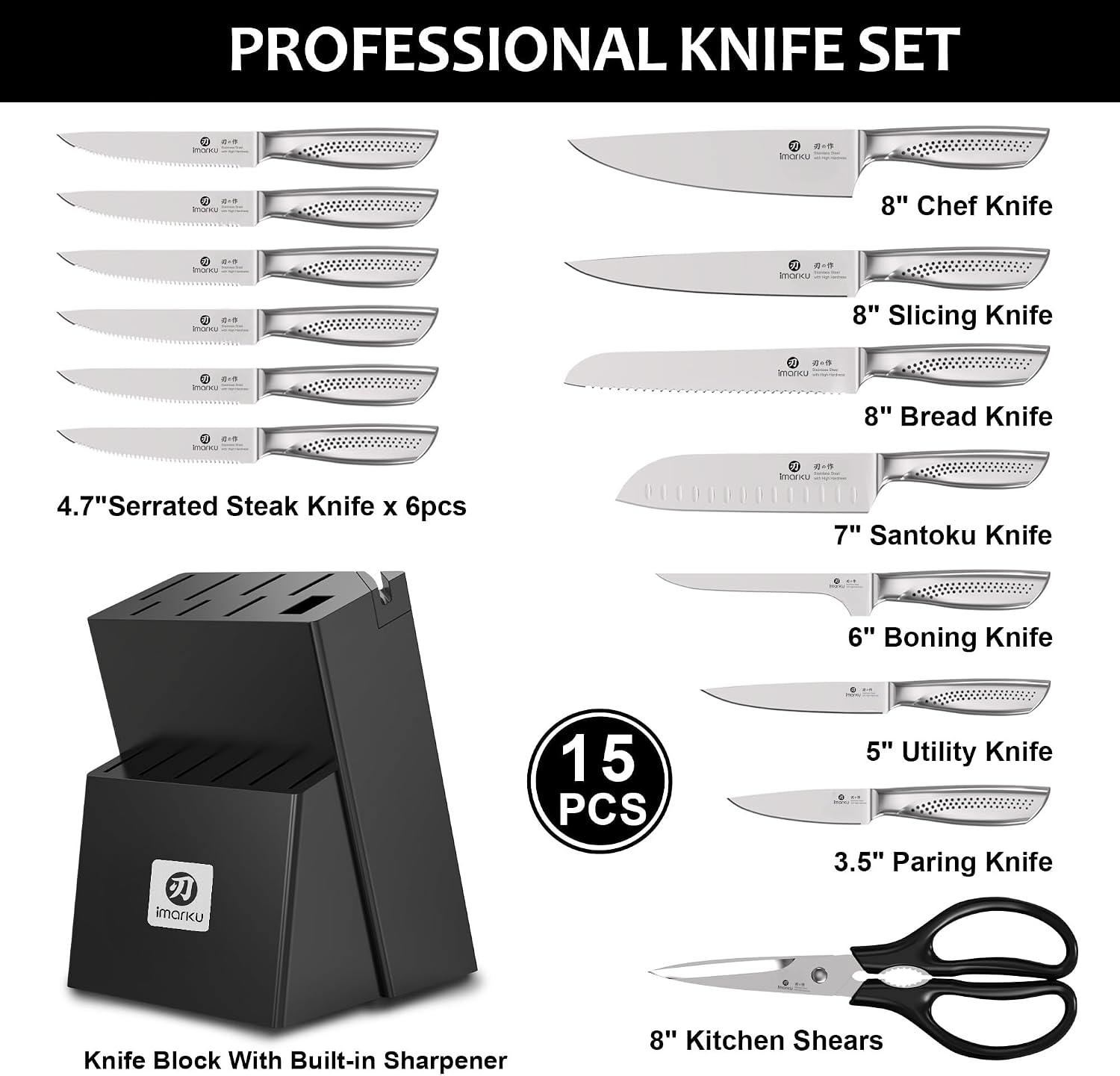 imarku® Kitchen Knife Set, 15 Pcs Japanese Knife Set with Block, Premium Razor-Sharp Chef Knives Set for Kitchen with Sharpener, Rust-Proof, Ergonomic Full-Tang Handle, Black