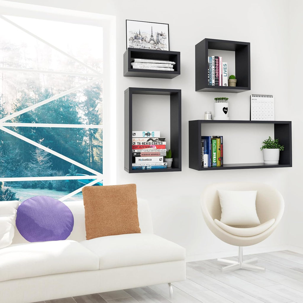 Kaboon Wall Mount Shelf Set of 4, Floating Cube Shelves for Space Discovery Home and Commercial Use, Large Size Shelves Set, Black