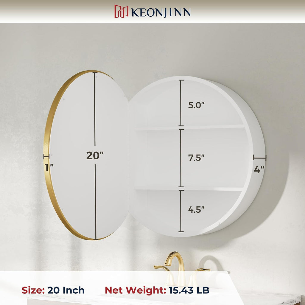 Keonjinn 20x20 Inch Round Gold Medicine Cabinet Mirror for Bathroom, Gold Surface Mount Medicine Cabinet with Mirror, Circular Framed Mirrored Medicine Cabinets, Modern Cabinet with Vanity Mirrors