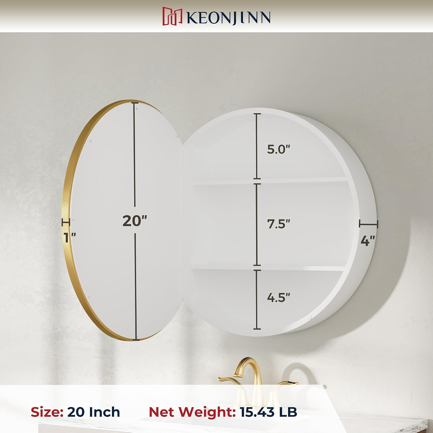 Keonjinn 20x20 Inch Round Gold Medicine Cabinet Mirror for Bathroom, Gold Surface Mount Medicine Cabinet with Mirror, Circular Framed Mirrored Medicine Cabinets, Modern Cabinet with Vanity Mirrors