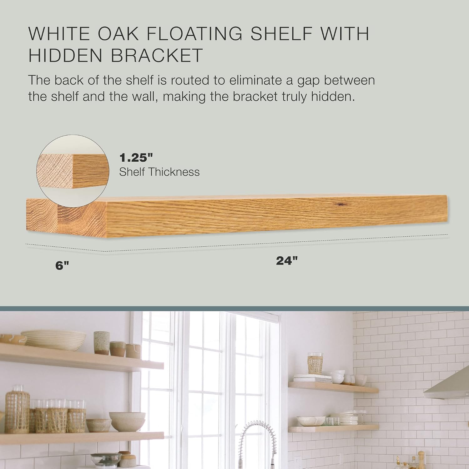 UltraShelf Solid Wood Floating Shelf for Wall Decor, White Oak, 24' Long x 6' Deep