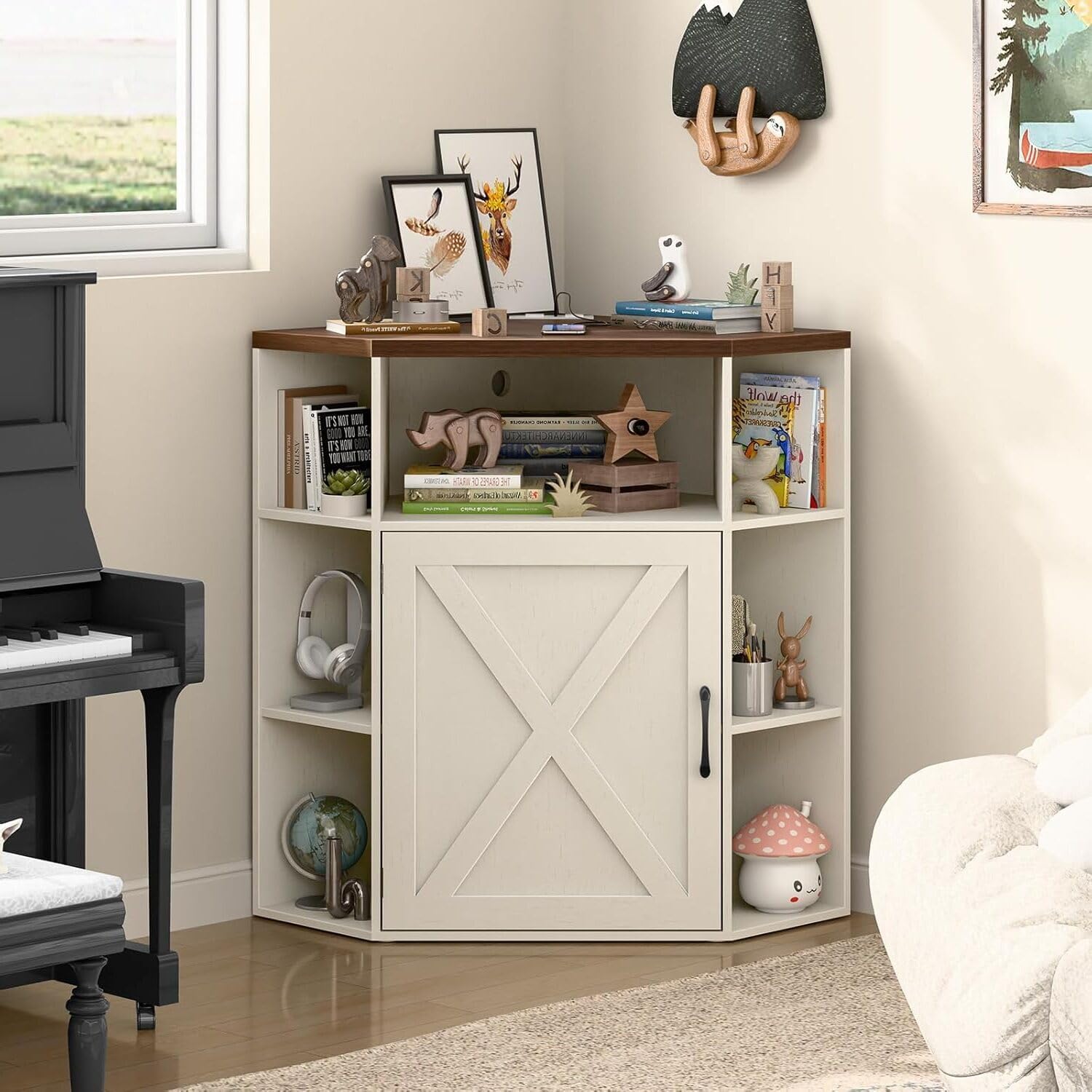Halitaa Corner Storage Cabinet, 6-Cubby Wooden Cabinet with USB Ports and Outlets, Farmhouse Corner Bookshelf with Storage Industrial Organizer for Study, Playroom, Living Room, White and Brown