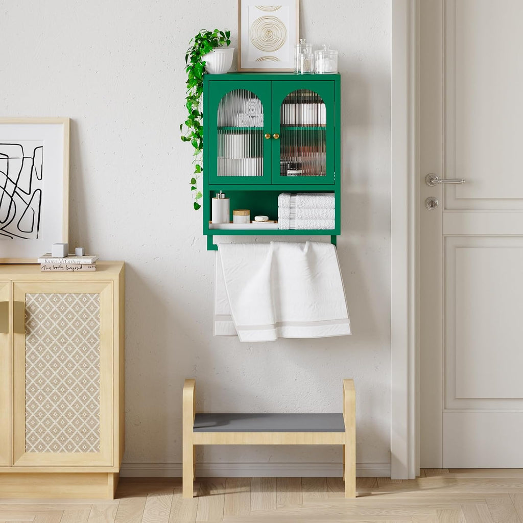 ALBAD Metal Bathroom Wall Cabinet with Fluted Glass Door and Towel Bar Wall-Mounted Medicine Cabinets Above the Toilet for Modern Bathroom, Kitchen, Garage, Laundry Room, Green