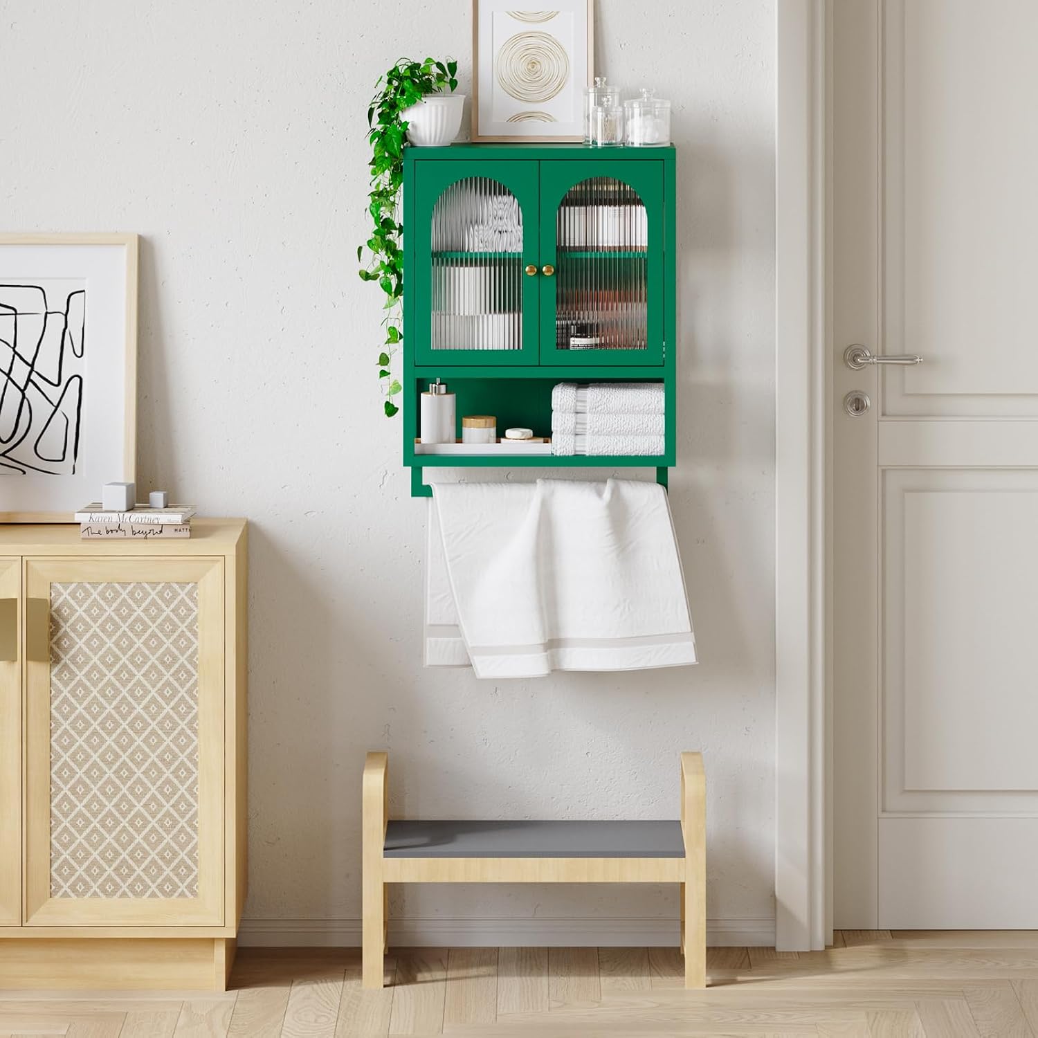 ALBAD Metal Bathroom Wall Cabinet with Fluted Glass Door and Towel Bar Wall-Mounted Medicine Cabinets Above the Toilet for Modern Bathroom, Kitchen, Garage, Laundry Room, Green