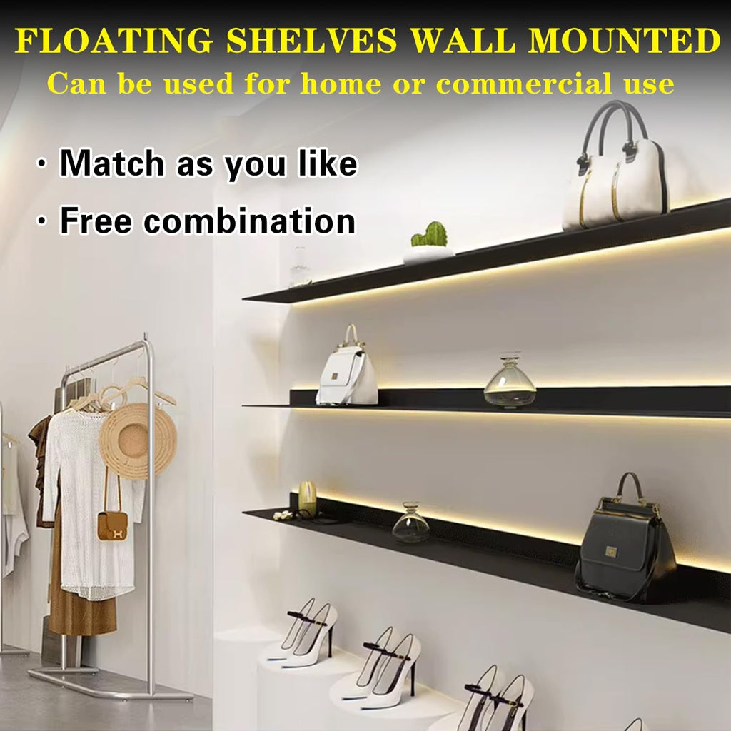 Corner Ledge Wall Shelf,Versatile Black Floating Wall Shelves with LED Lights, 2PCS, Metal Wall Mounted Large Bookshelf, Wall Storage Shelf for Home Decor, Hanging Lighted Display for Bar Ba
