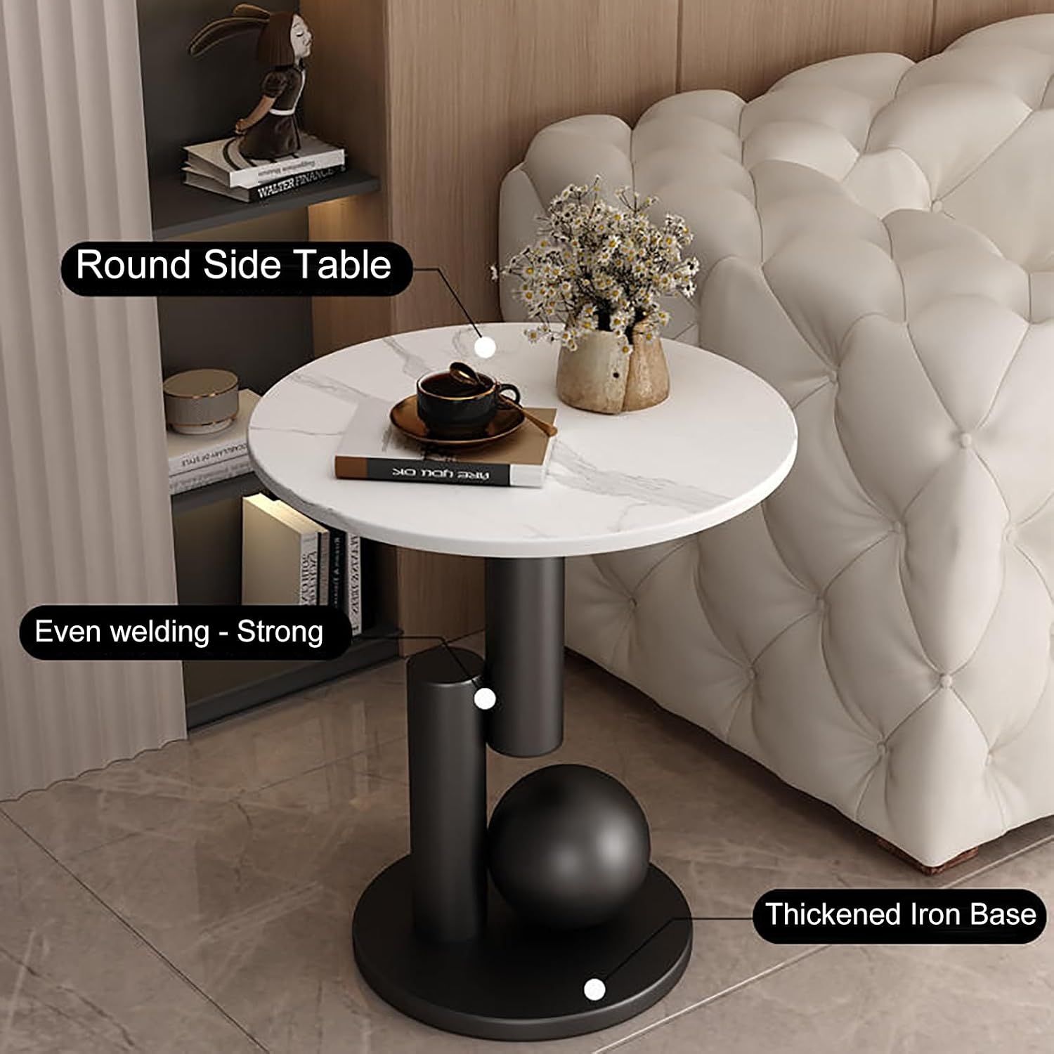 Round Side Table, Accent End Table, Sofa Side Table, Small Drink Table, Great for Living Room, Bedroom, Indoor & Outdoor (Color : Black+Black, Size : 45x55cm)