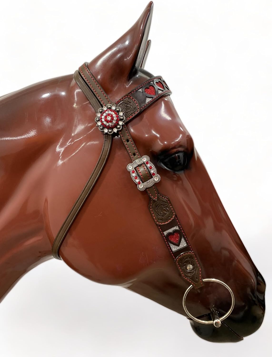 Premium Browband Horse Tack Set - Argentina Cow Leather Headstall & Breast Collar with Red Heart Design, Western Style, Durable Antique Nickel Hardware, Handcrafted Quality, Ideal for Show & Trail