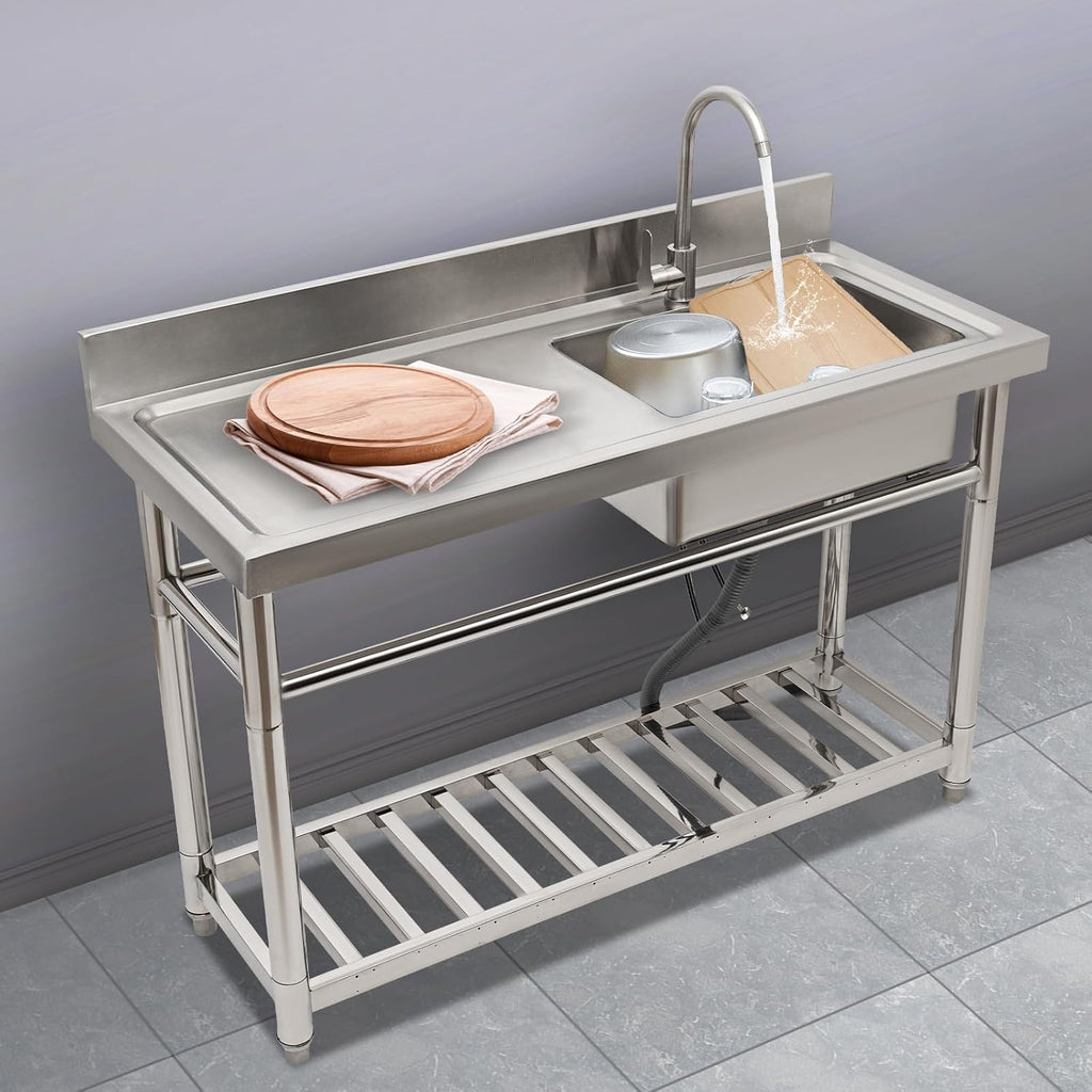 Stainless Steel Sink Single Bowl Commercial Utility Sink Free Standing Kitchen Sinks with Cold and Hot Water Faucets for Kitchens, Garage, Laundry Room (47.2'W x19.5'D x 36.6'H)