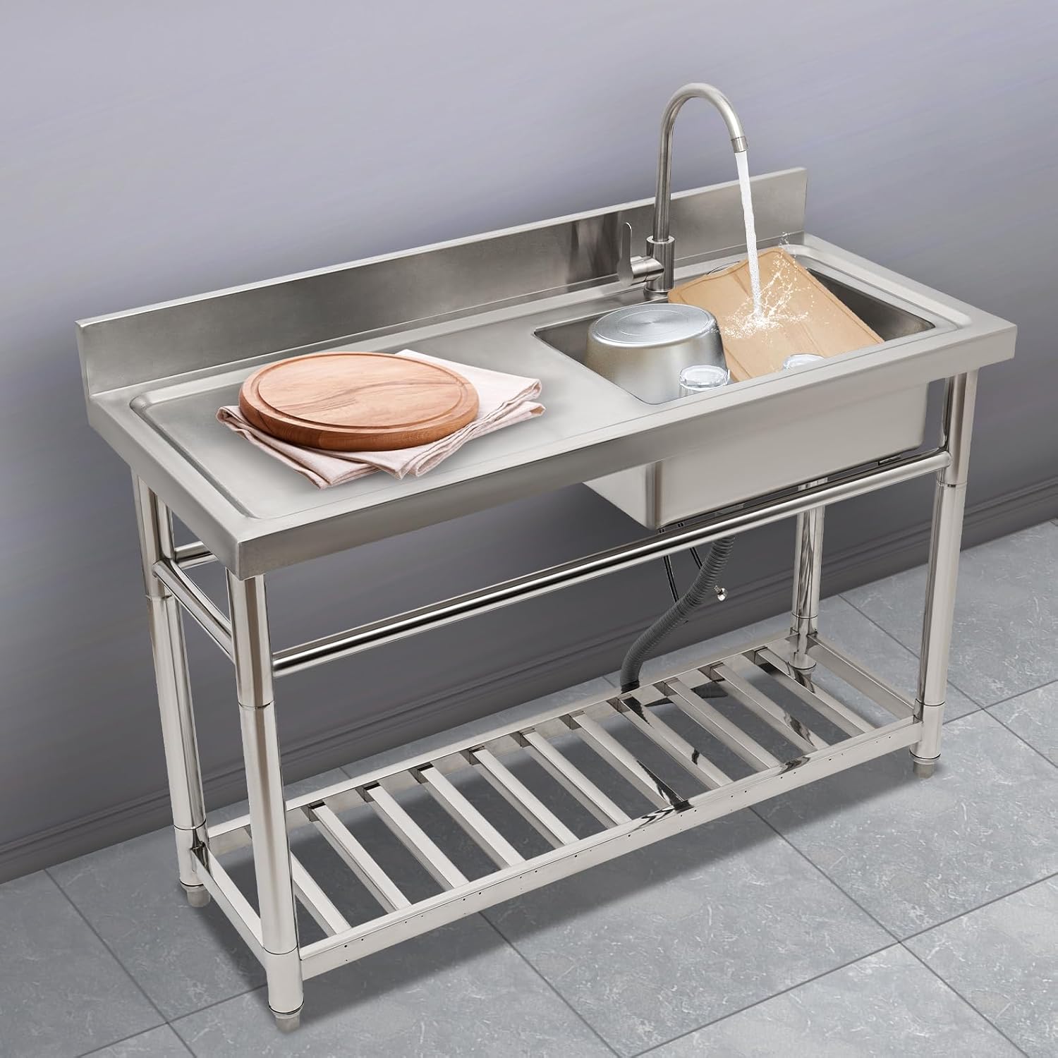 Stainless Steel Sink Single Bowl Commercial Utility Sink Free Standing Kitchen Sinks with Cold and Hot Water Faucets for Kitchens, Garage, Laundry Room (47.2'W x19.5'D x 36.6'H)