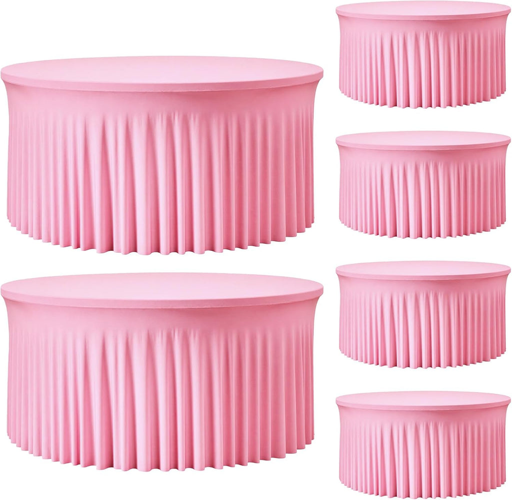 6 Pack Pink 72 inch Round Spandex Tablecloth,Wrinkle-Free Stretchy Fitted 6FT Round Tables,Elastic Edge with Skirt,Washable Tablecloths for Wedding Banquet Party Birthday Buffet