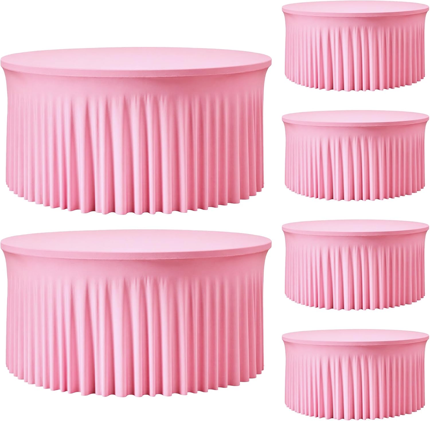 6 Pack Pink 72 inch Round Spandex Tablecloth,Wrinkle-Free Stretchy Fitted 6FT Round Tables,Elastic Edge with Skirt,Washable Tablecloths for Wedding Banquet Party Birthday Buffet