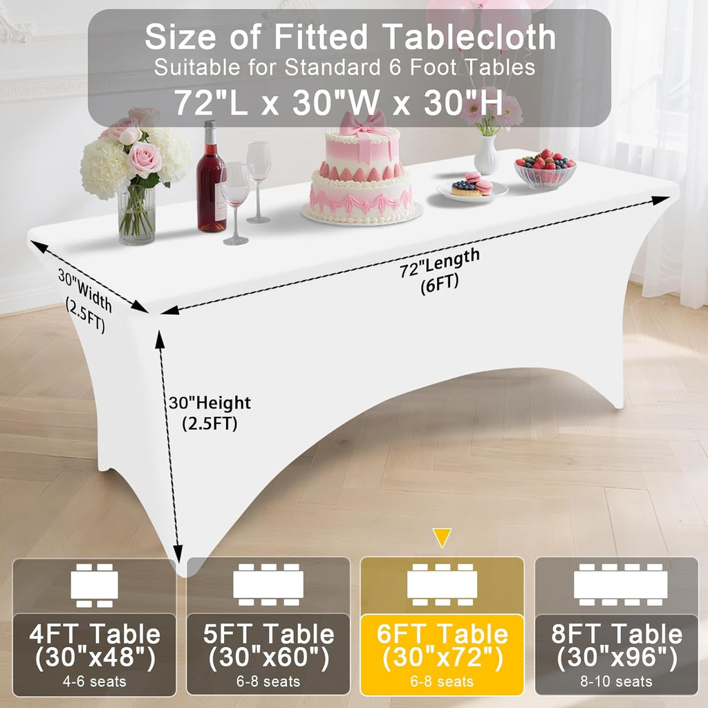 Smiry 12 Pack Spandex Table Cloth 6FT, Elastic Fitted Stretch Tablecloths, Washable and Wrinkle Free Rectangular Patio Table Cover for Outdoor, Wedding, Banquet & Parties (White, 72Lx30Wx30H Inch)