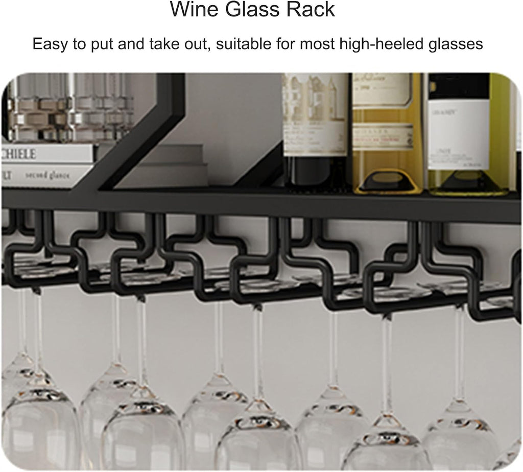 Wall Mounted Wine Rack Floating Bar Shelves Liquor Shelf with Hanging Wine Glass Holder for Liquor Bottles Whiskey Display Shelf for Home Bar Dining Room Kitchen(Gold,120cm/47.2in)
