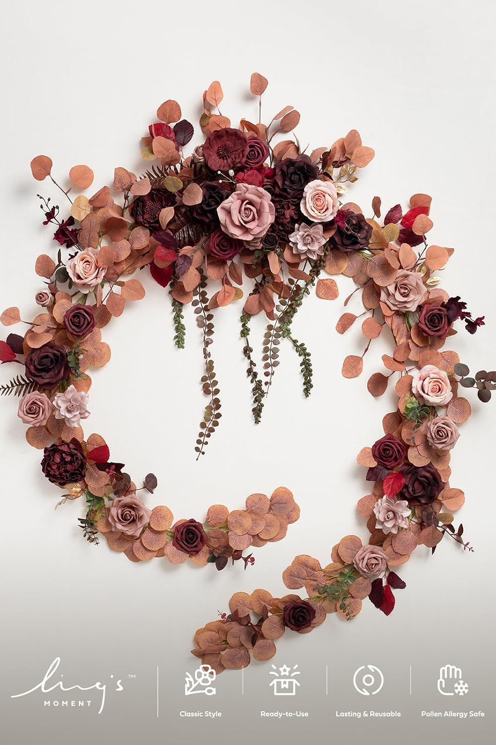 Ling's moment 9FT Eucalyptus and Willow Leaf Garland with White Flower, Handcrafted Wedding Sweetheart Table Centerpieces Head Table Decor Arch Backdrop Decorations for Wedding | Burgundy & Dusty rose