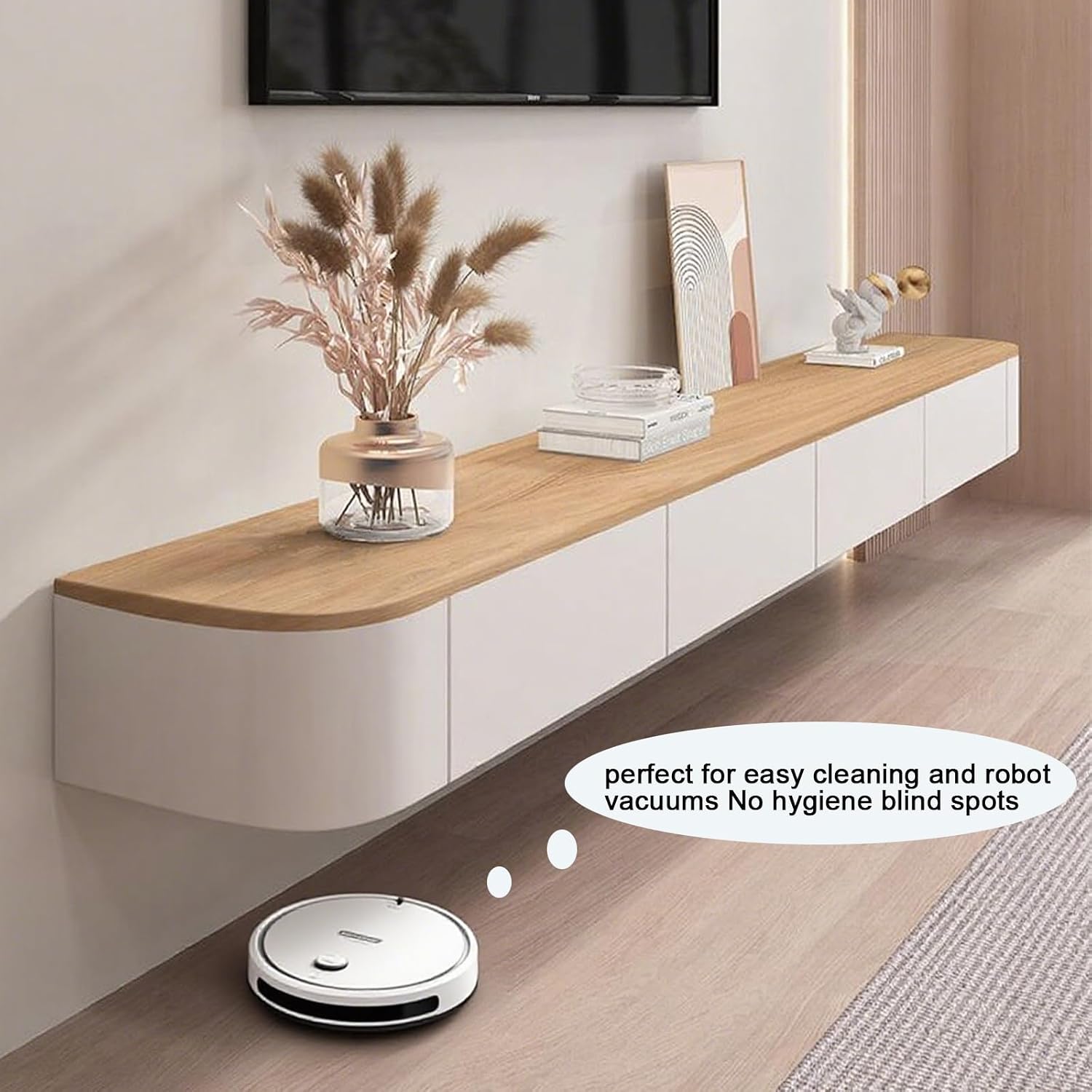 [Fully Assembled] 55.1' Floating TV Stand - No Assembly Needed Wall Mounted Media Console with Storage & Cable Management, Modern Entertainment Center with Rounded Corners for Living Room (Wood)