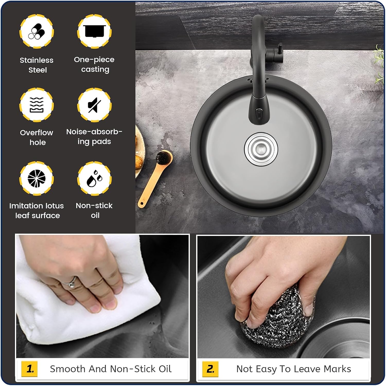 Stainless Steel Kitchen Sink, Single Bowl Sink With Drain Fittings & Overflow, Small Washing Basin, Round Pool For Utility Room, Kitchen, Bar, Pub, Drop In & Undermount(Black,32cm)