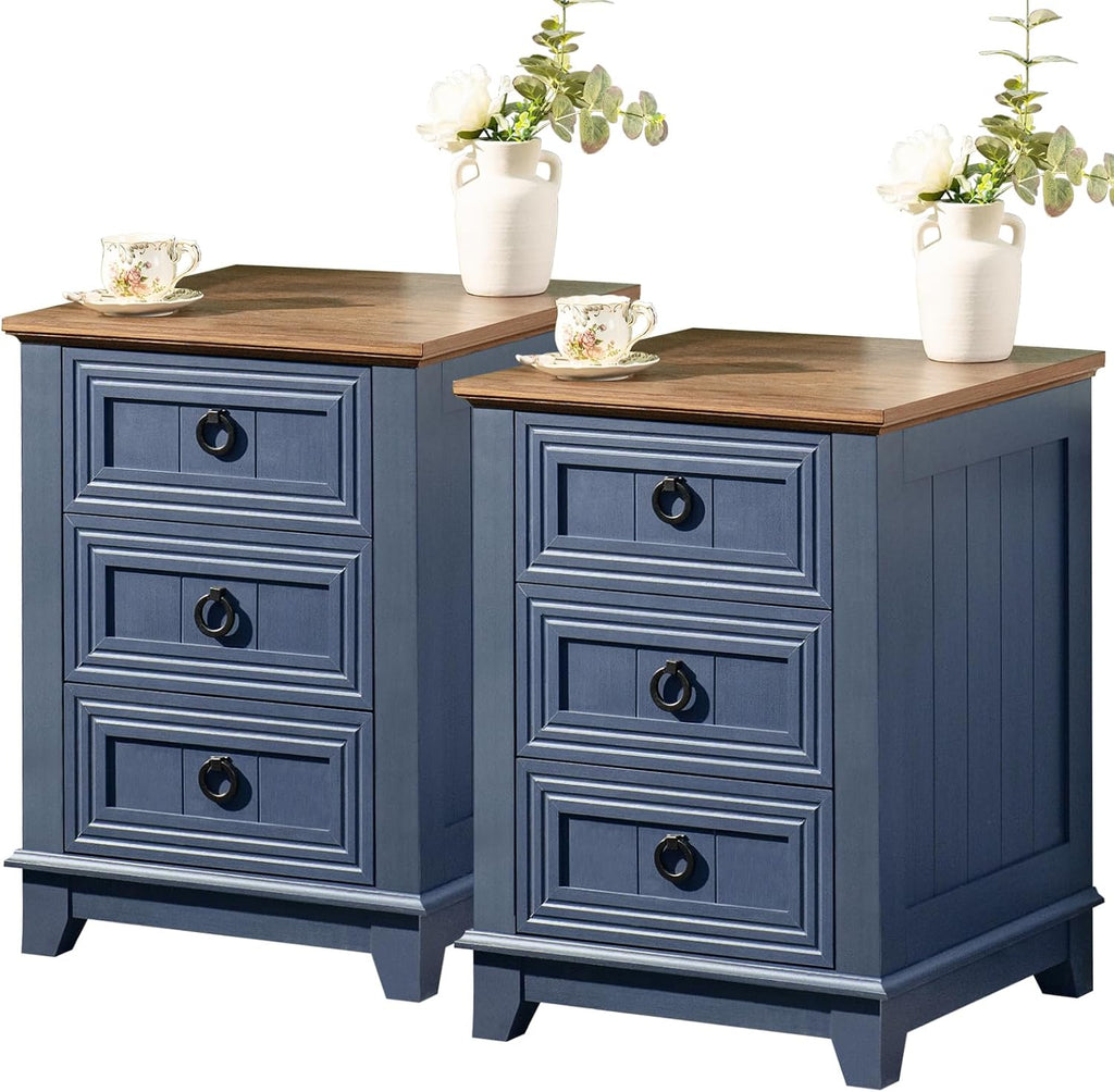 Joaxswe Night Stand Set of 2, Farmhouse 18' End Table with 3 Drawer Metal Handle, Dresser for Bedroom, Sofa Bed Side Table Chest of Drawers,Wood Nightstand Cabinet for Organizer, Living Room-Blue
