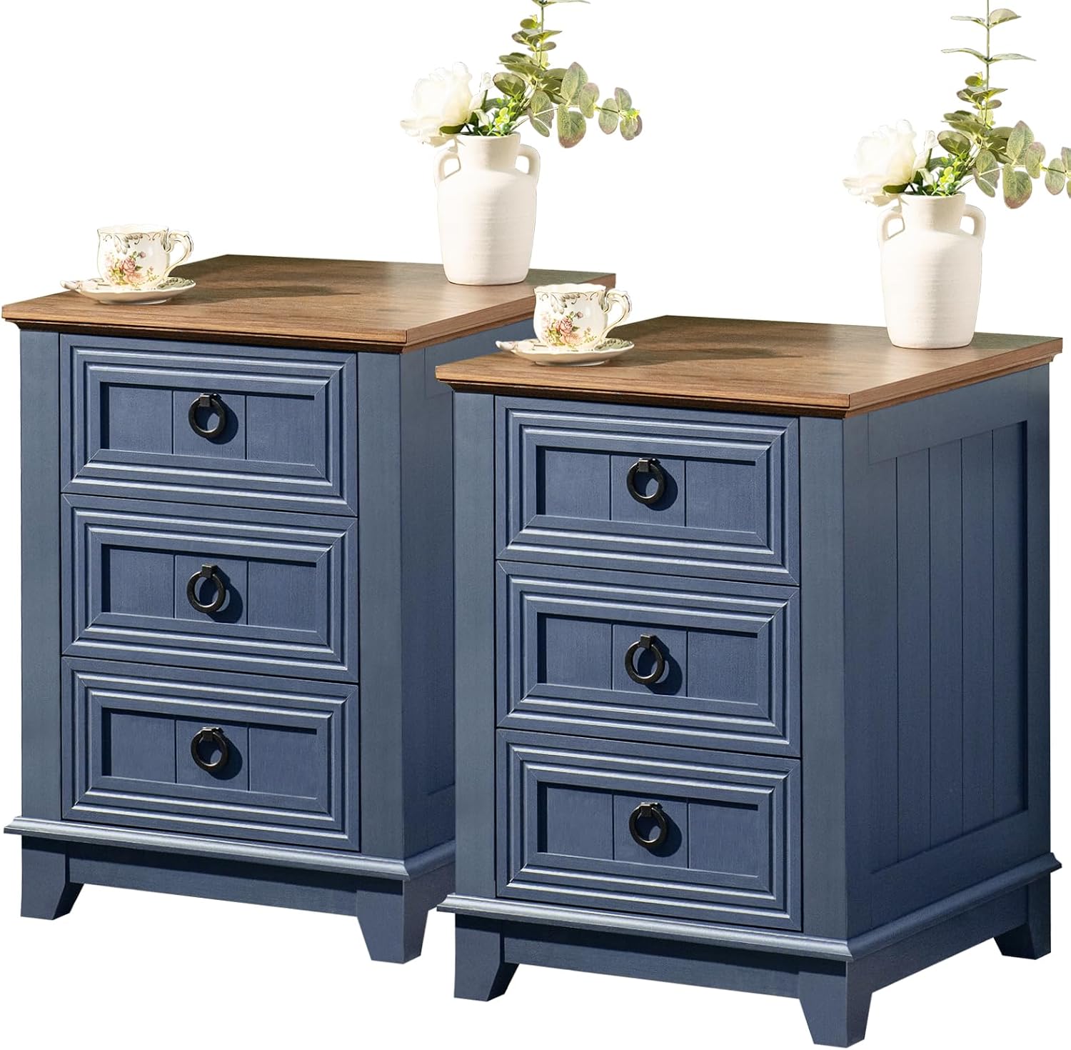 Joaxswe Night Stand Set of 2, Farmhouse 18' End Table with 3 Drawer Metal Handle, Dresser for Bedroom, Sofa Bed Side Table Chest of Drawers,Wood Nightstand Cabinet for Organizer, Living Room-Blue