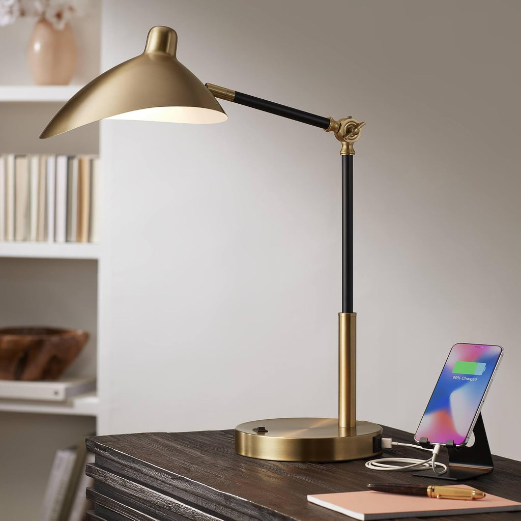 360 Lighting Colborne Mid Century Modern Industrial Desk Table Lamp LED with USB Charging Port 28' Tall Antique Brass Black for Living Room Bedroom House Bedside Nightstand Home Office