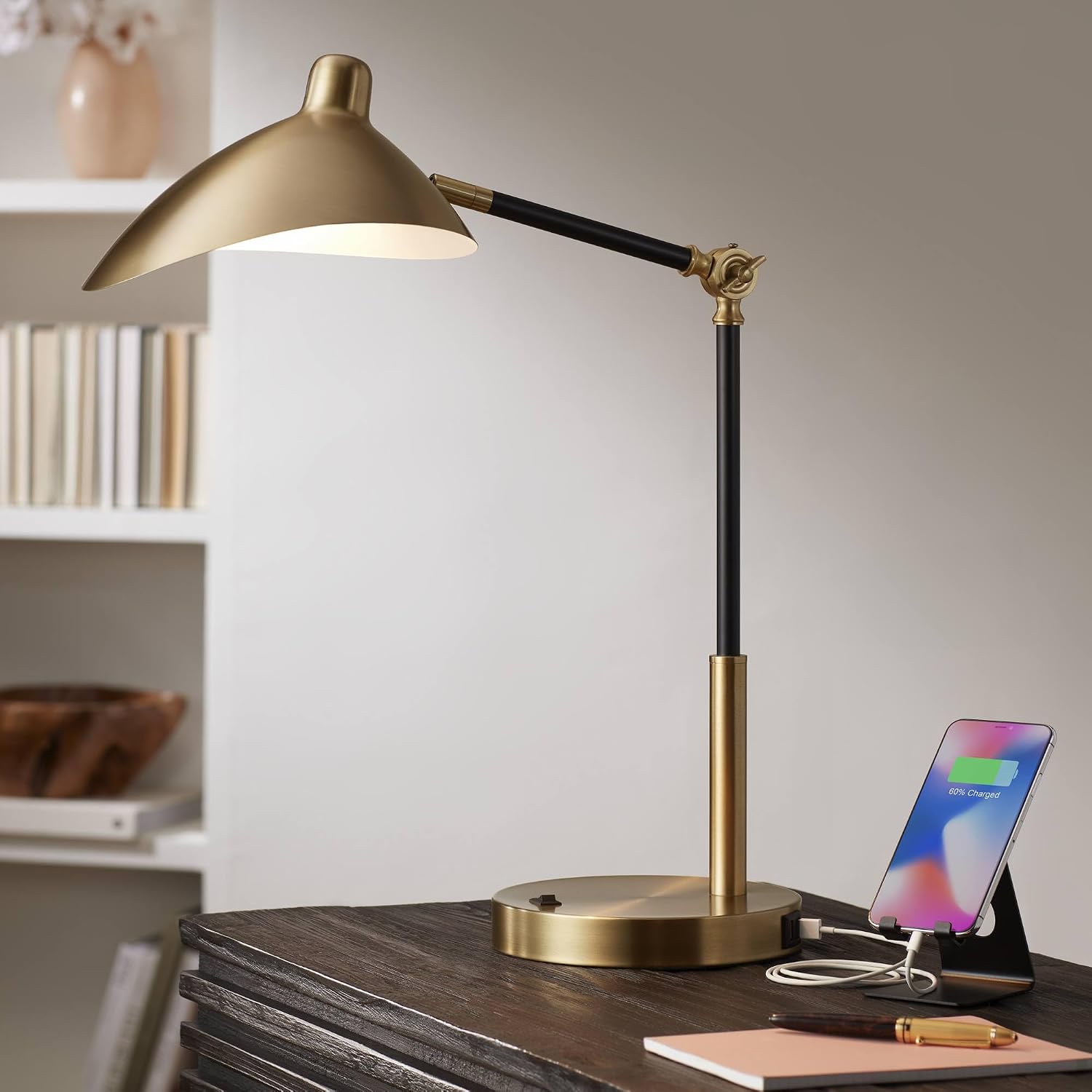 360 Lighting Colborne Mid Century Modern Industrial Desk Table Lamp LED with USB Charging Port 28' Tall Antique Brass Black for Living Room Bedroom House Bedside Nightstand Home Office