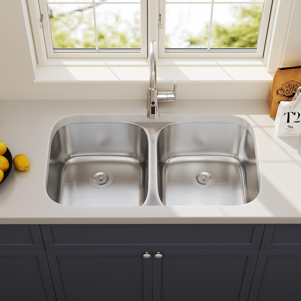 32 Inch Undermount Double Bowl Kitchen Sink 50/50 Stainless Steel 18 Gauge Commercial Grade Satin Finish Sinks 32' x 18' x 9'