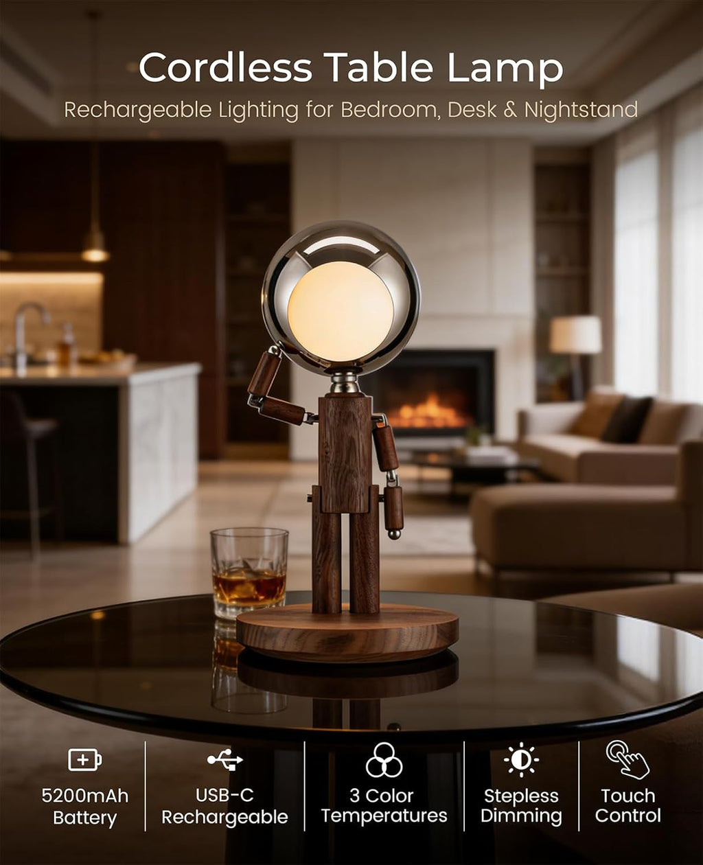 Cordless Table Lamp, Rechargeable Wooden Desk Lamp with Touch Control & Stepless Dimming, 3 Color Temperatures, Bedside Lamp for Bedroom Nightstand Office, Home Decor, Unique Gifts, Black Walnut