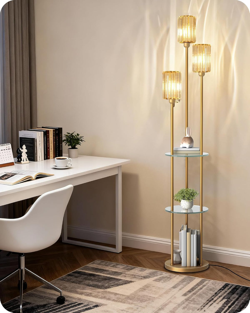Gold Floor Lamp with Shelves, Modern Floor Lamp with 3 Crystal Shades and Foot Switch, 3-Light Standing Lamp with 3 Shelves, for Living Room, Bedroom, Study, Office, Gold D53LD05