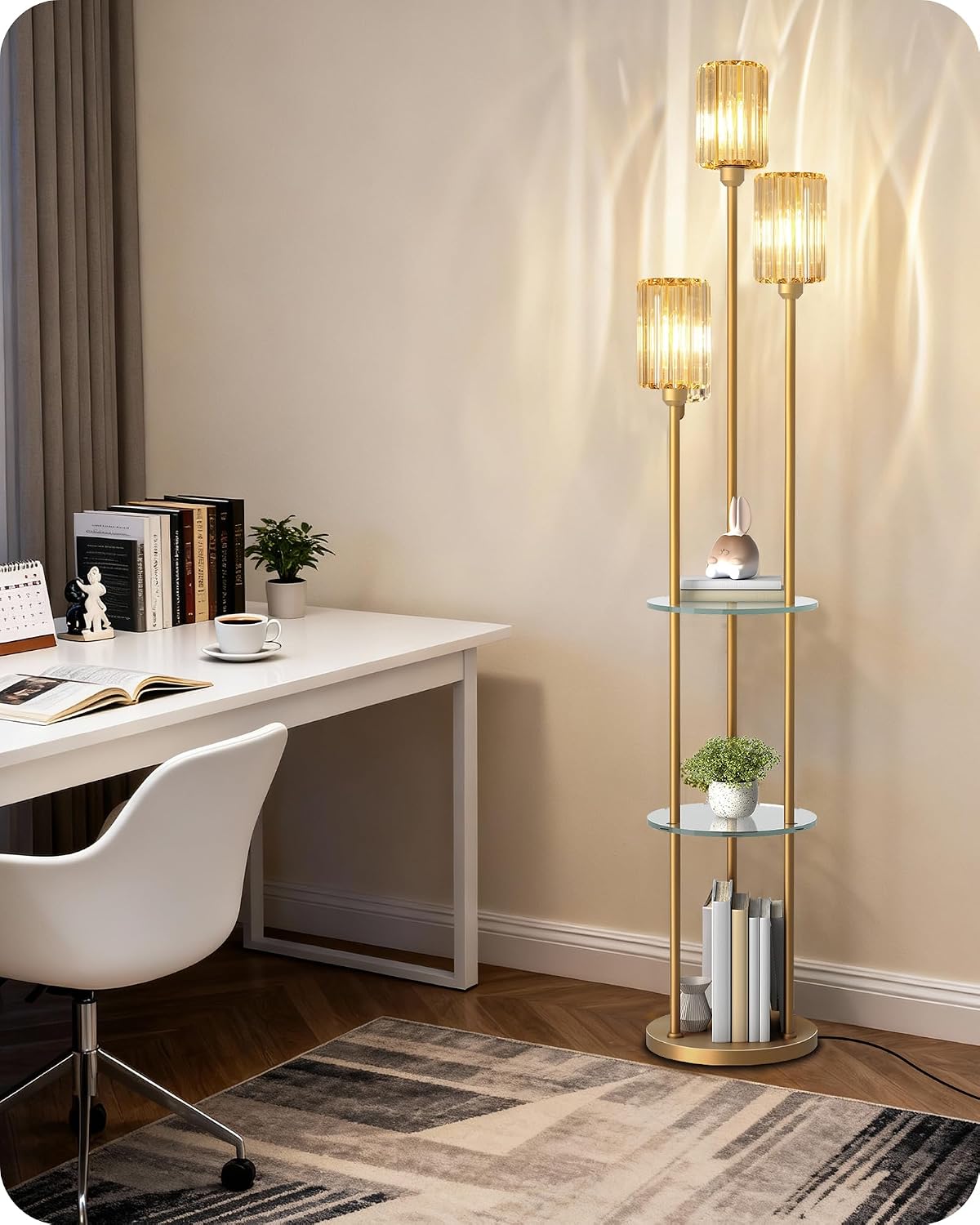 Gold Floor Lamp with Shelves, Modern Floor Lamp with 3 Crystal Shades and Foot Switch, 3-Light Standing Lamp with 3 Shelves, for Living Room, Bedroom, Study, Office, Gold D53LD05