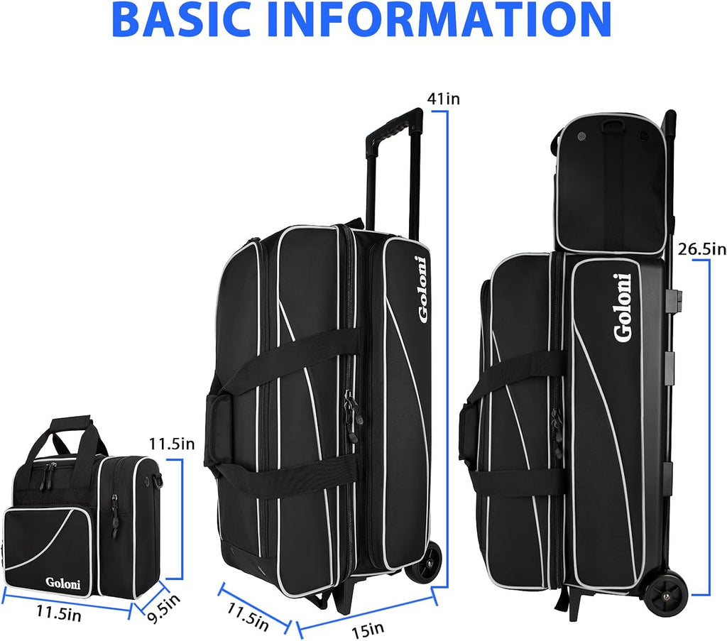 Goloni 3 Ball Bowling Bag with Wheels, Rolling Bowling Roller Bag with Retractable Handle for Balls & Bowling Accessories
