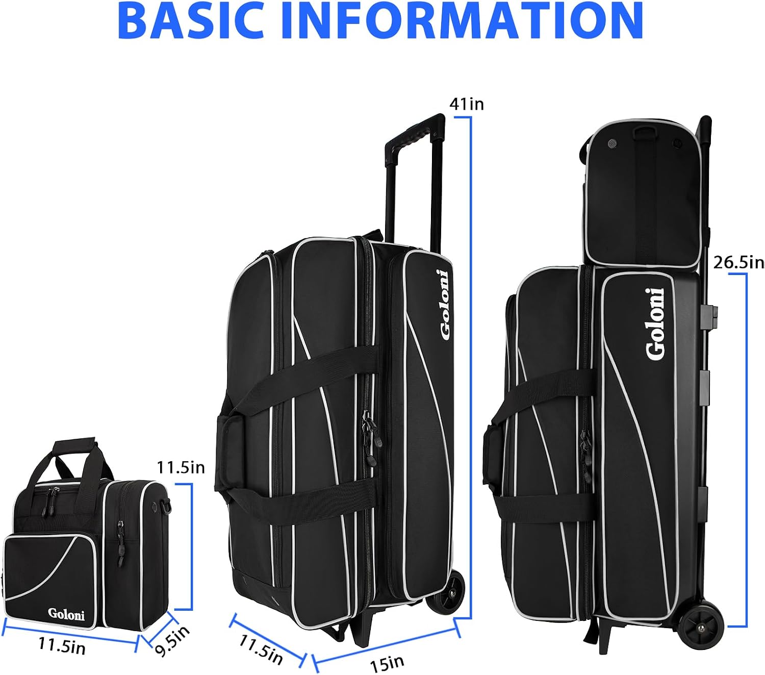 Goloni 3 Ball Bowling Bag with Wheels, Rolling Bowling Roller Bag with Retractable Handle for Balls & Bowling Accessories