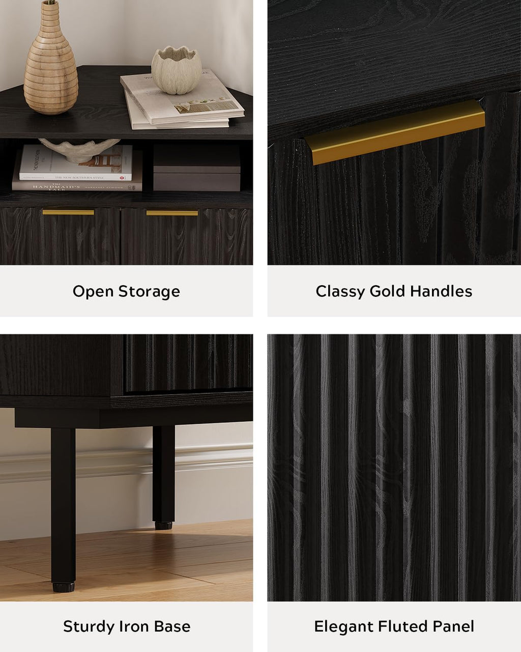 EYYTHUNG Black Corner Cabinet with Open Storage, Fluted Small Corner Floor Cabinet with 2 Doors & Adjustable Shelf, Wooden Freestanding Storage Organizer for Small Space,Living Room, Dining Room