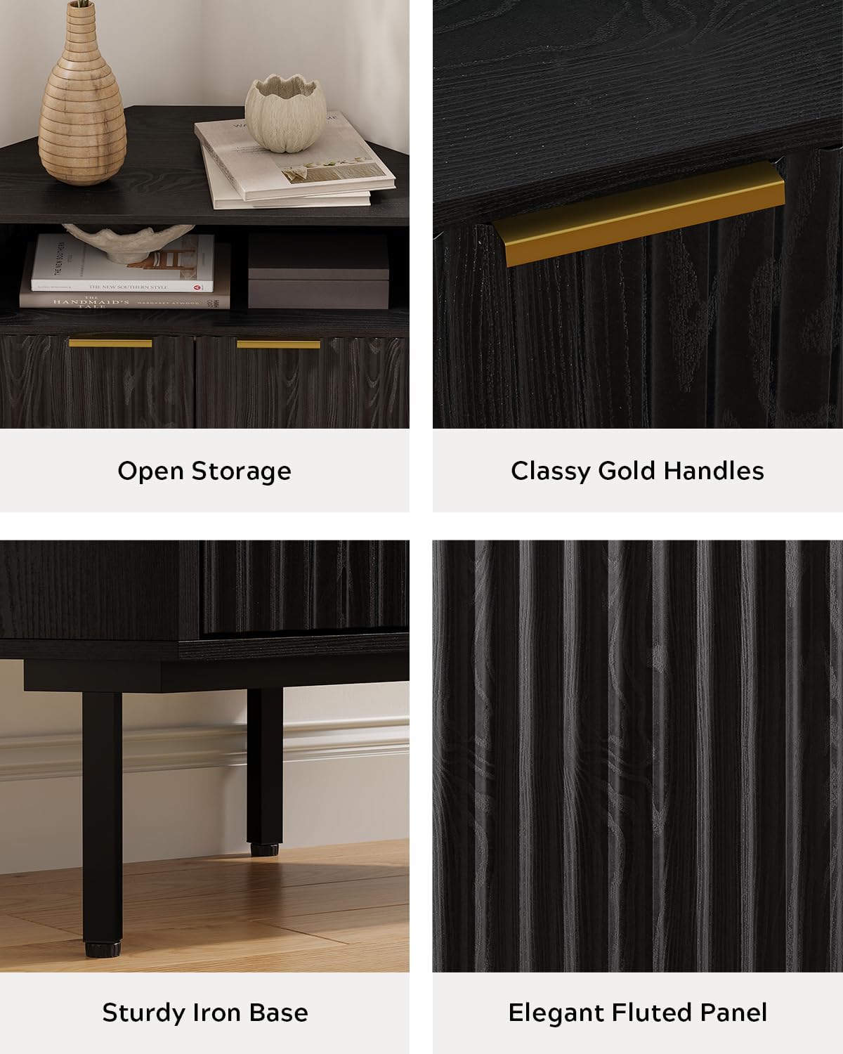 EYYTHUNG Black Corner Cabinet with Open Storage, Fluted Small Corner Floor Cabinet with 2 Doors & Adjustable Shelf, Wooden Freestanding Storage Organizer for Small Space,Living Room, Dining Room