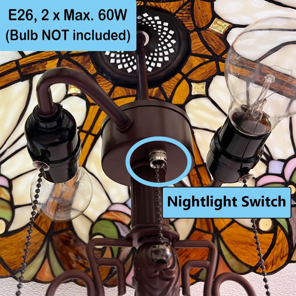 Tiffany Table Lamp Night Light 16' Wide Handmade Stained Glass Lamp Shade 3 Light Amber Cream Victorian Style Vintage Table Lamp for Home and Office