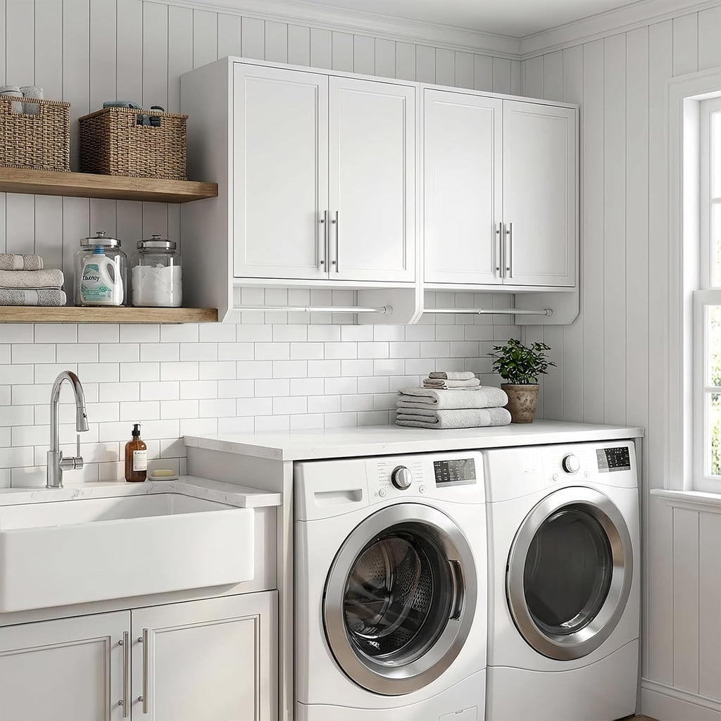 59'' Wall Cabinet with Towel Bar, Laundry Room Cabinets Wall Mounted, Bathroom Wall Cabinet, Adjustable Shelf, Shaker Door, White