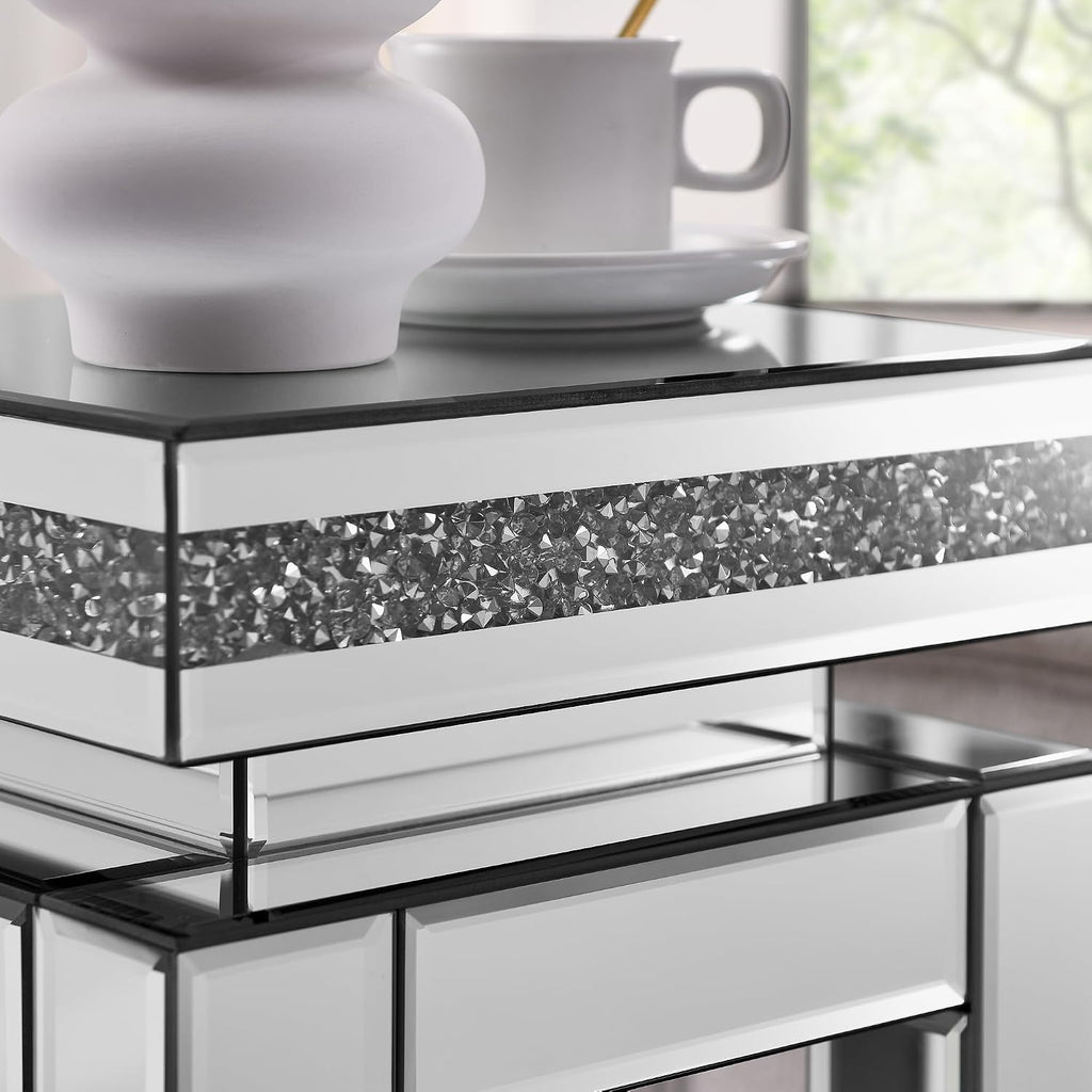 Mirrored End Table Square with Crystals, 2-Tier Modern Small Sofa Table with Storage, Silver Accent Table for Living Room, Bedroom, Coffee, and Small Spaces