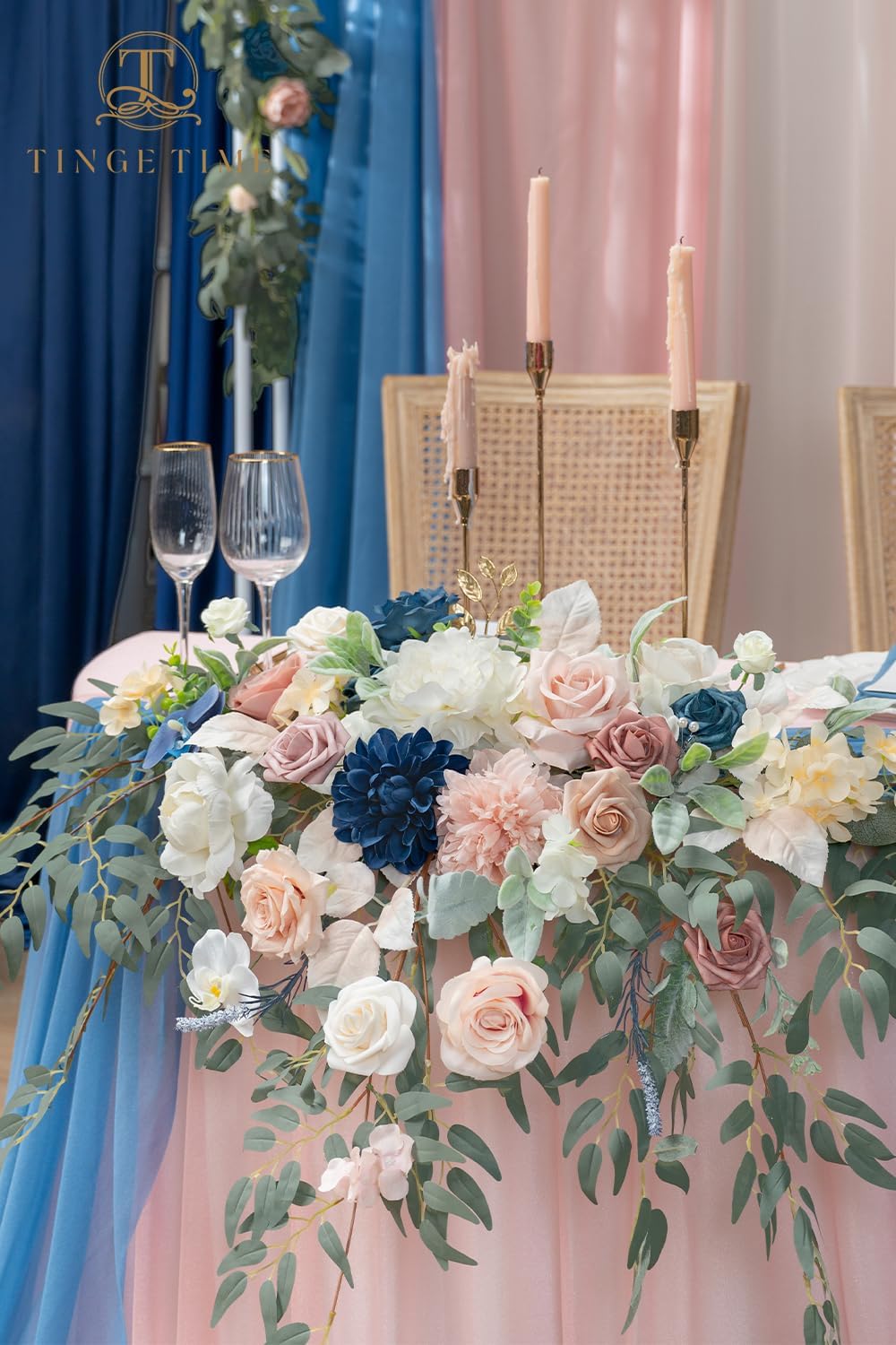 TINGE TIME Artificial Sweetheart Flower Swag with Tablecloth and Table Runner, Pack of 3 Floral Arrangement for Wedding Sweetheart Table Centerpiece Decoration (Dusty Rose & Navy Blue)