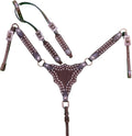 Argentina Cow Leather One Ear Headstall and Breast Collar Set - White Rawhide Buck Stitching & Copper Studs Detailing