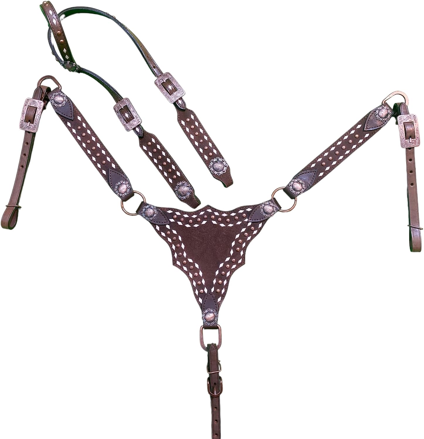 Argentina Cow Leather One Ear Headstall and Breast Collar Set - White Rawhide Buck Stitching & Copper Studs Detailing