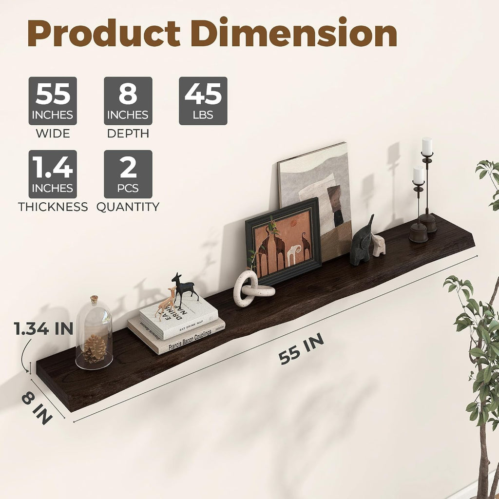 Axeman 55 inch Floating Shelves for Wall - 8'' D Live Edge Rustic Solid Elm Wood Floating Shelves Wall Mounted, Hanging Shelves with Invisible Bracket for Living Room Bedroom Kitchen, Walnut