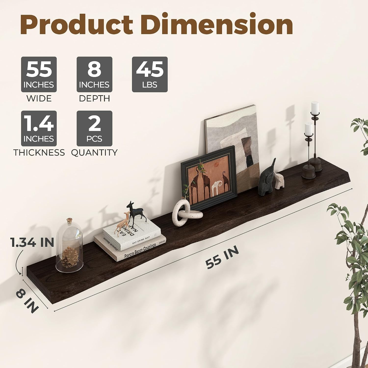 Axeman 55 inch Floating Shelves for Wall - 8'' D Live Edge Rustic Solid Elm Wood Floating Shelves Wall Mounted, Hanging Shelves with Invisible Bracket for Living Room Bedroom Kitchen, Walnut